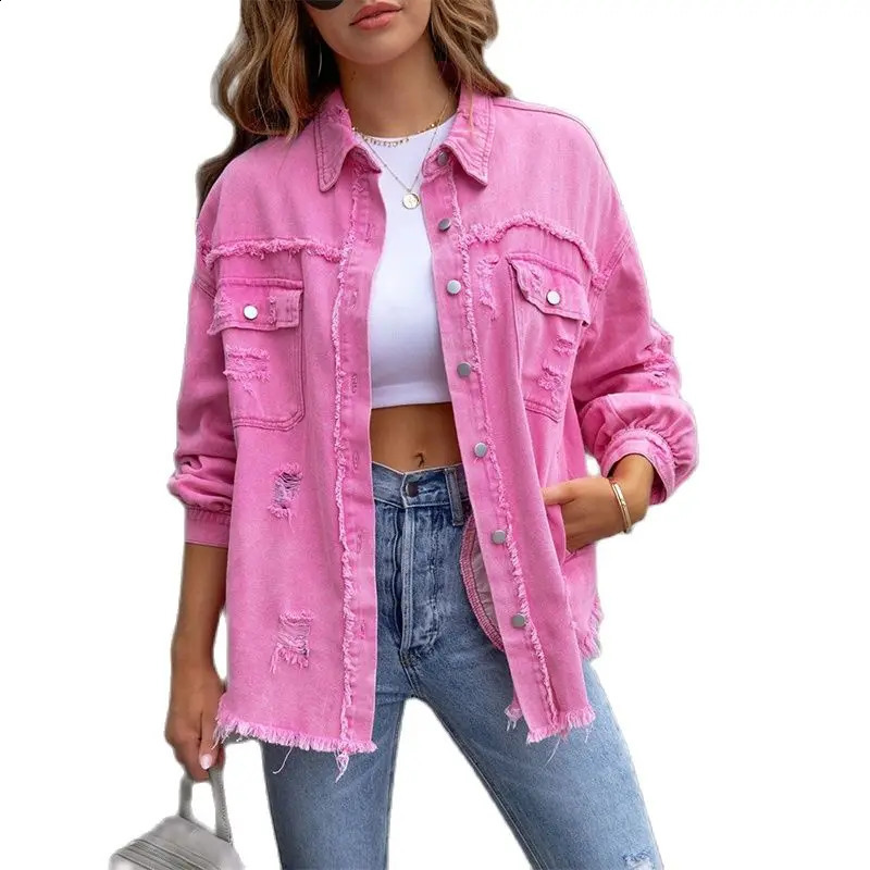 Hole Edge Denim Jacket Womens Spring/Autumn Shirt Style Jeans Casual Top Rose Red Orange Coat Womens Coat 240814