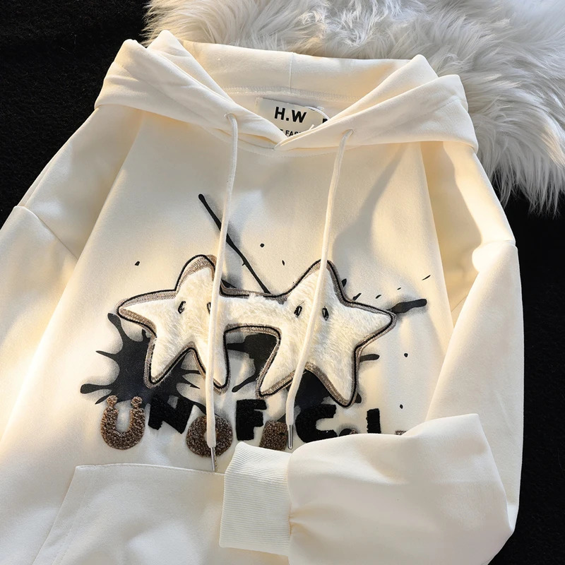 Star-shape Embroidery Letter Print Womens Hoodies Autumn Winter Fashion Casual Hooded Sweatshirts Female Korean Style Hoody 240815