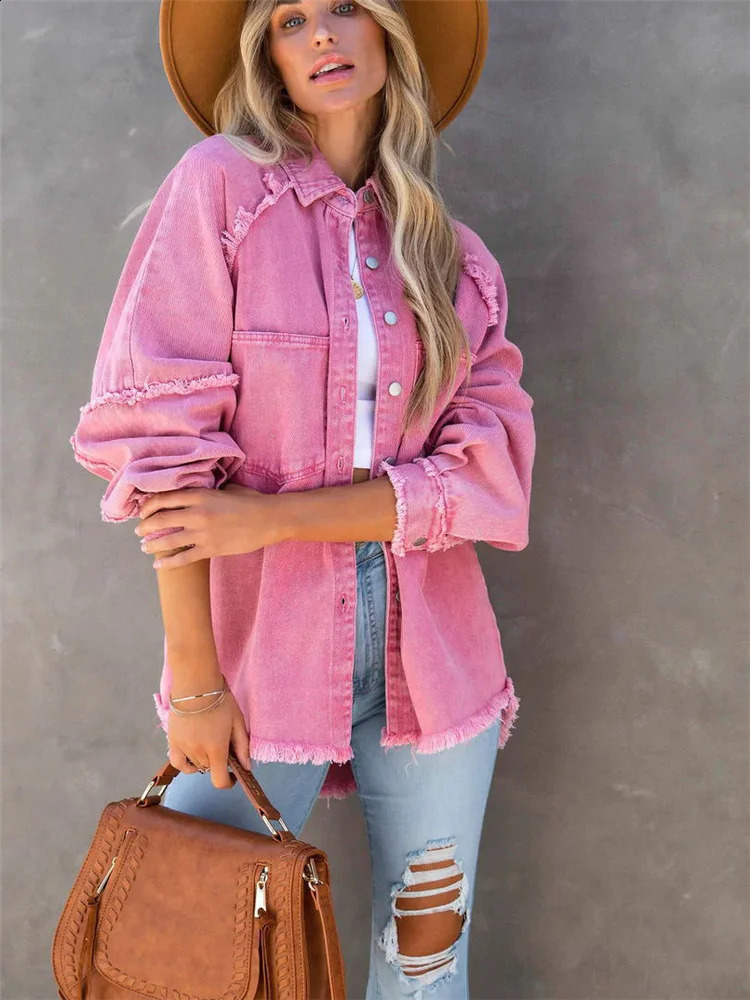 girls sweet pink loose fitting shirt jacket womens casual soft button denim shirt womens fashionable solid pocket jacket 240814