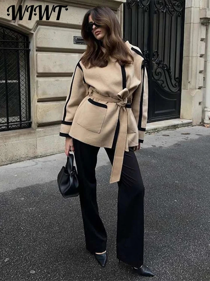 Contrast Contraste M manteaux en laine avec ceinture Femmes Long Mancoas Poches de support Veste de collier Automne Hiver Lady Tops Outwear 24081