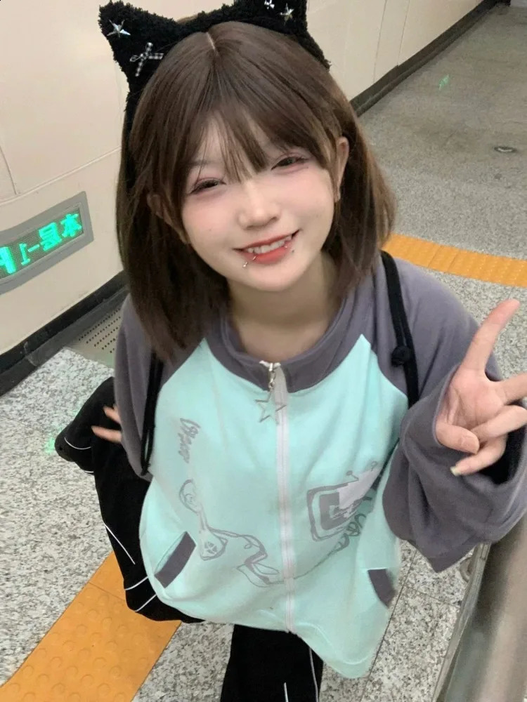 Deeptown Harajuku Korean Graphic Zipper Hoodies Women Kawaii Japanese Style Patchwork Oversize Jackets Preppy Casual Sweatshirts 240815
