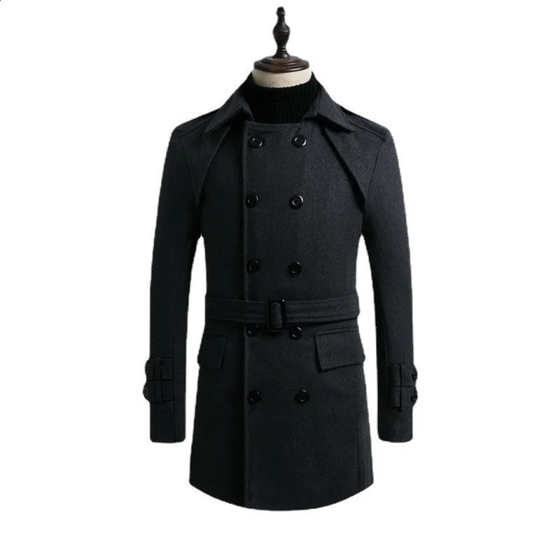 Winter Mens doublebreasted Middle Long Scarf Collar Cottonpadded Thick Warm Woolen Coat Male Trench Overcoat 3XL 240814