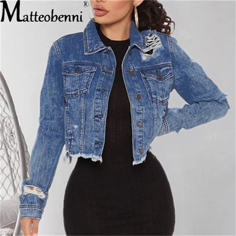 Blue cut denim jacket for women long sleeved with button pockets vintage jacket autumn and winter streetwear torn denim jacket 240814