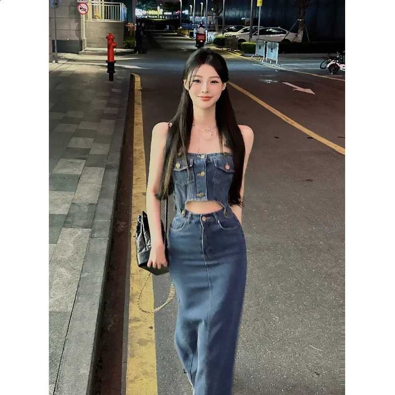 Retro Denim Suit Womens Summer Strap Single Breasted Short Top High Waist Long Skirt Two-piece Set Female Clothes 240815