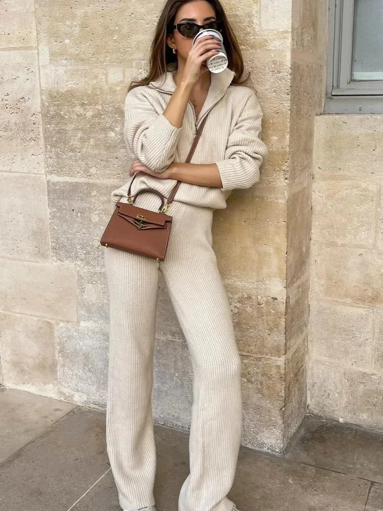 Women Elegant Solid Half Zipper Knitted Top Pants Suits Chic Lapel Long Sleeves High Waist Pant Set Autumn Casual Lady Outfits 240816