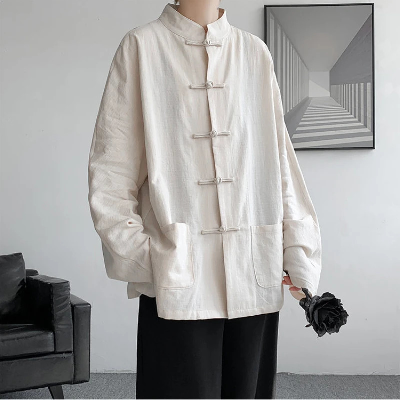 Chinese cotton linen shirt mens traditional clothing solid color casual retro jacket mens comfortable Tang style top 240816