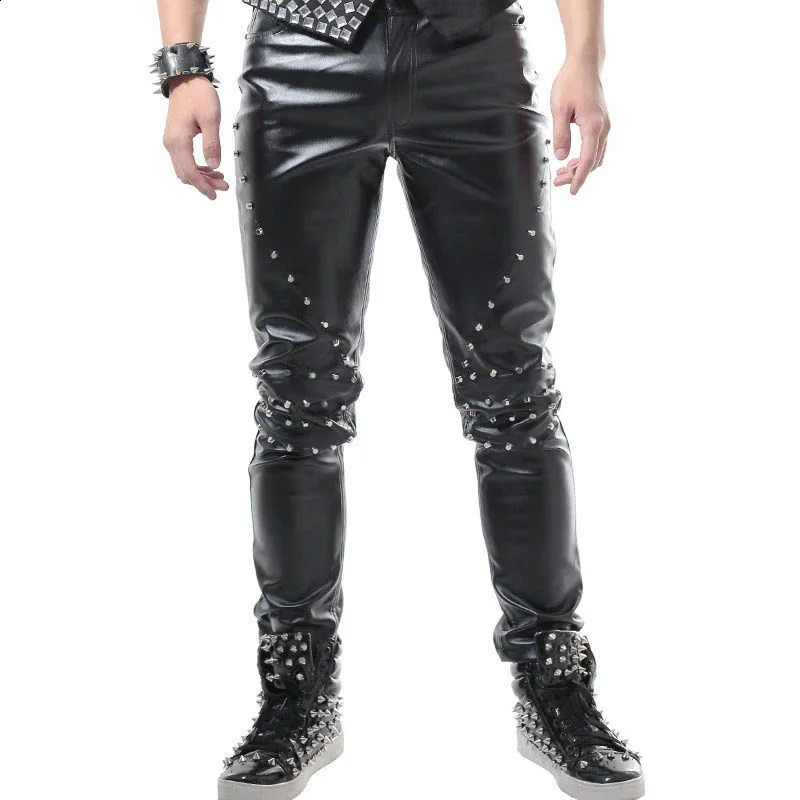 Idopy Fashion Punk Mens Party Role Playing Artificial Leather Pants Elastic Studs Black Rivets Ultra Thin Fit Pencil PU Trousers 240816