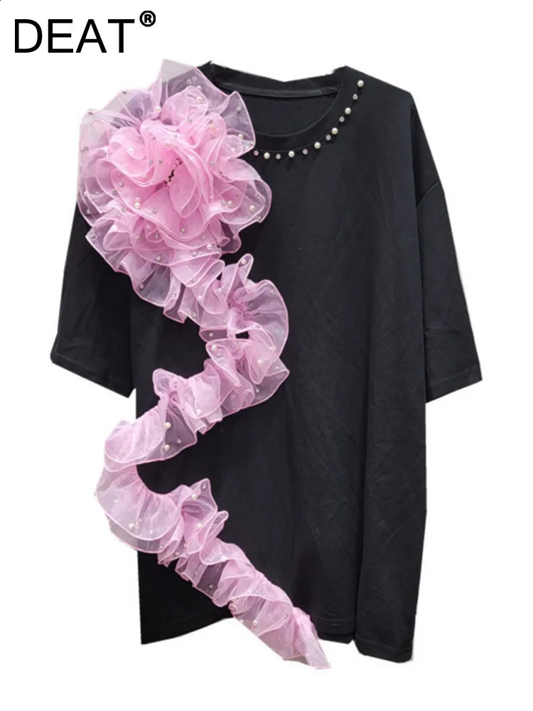 DEAT Womens T-shirt with Rivet Collar Irregular Wrinkle Pink Mesh Flower T-shirt 2024 Summer Fashion O-neck Casual Top Womens 33A1211 240816