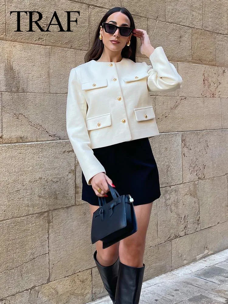 TRAF 2024 Womens Fashion Spring Crop Jacket Single breasted Texture Round Collar Flip Collar Pocket Short Sleeve Jacket Coat Fashion Womens Top 2