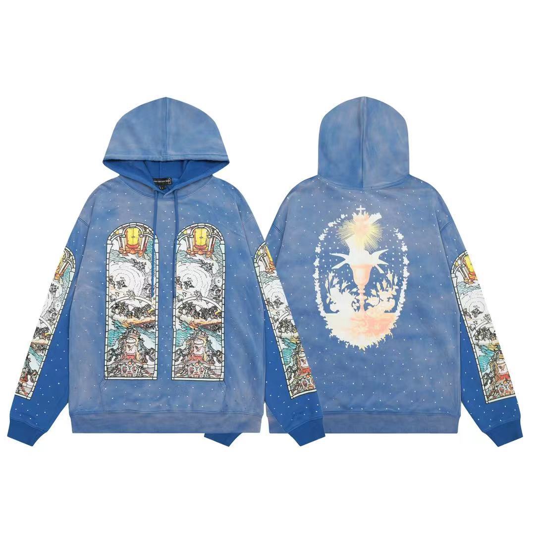 Who Decides War Hoodies American Retro Gothic Church Colored Window Hooded Sweatshirt Who Decide War Tracksuit Tie Dye Distressed Large Print Loose