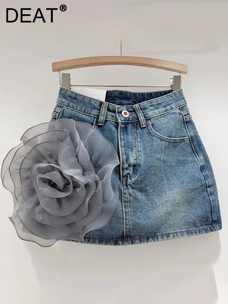 DEAT Womens Denim Skirt Solid Color A-line High Waist Mini Skirt 2024 Spring Fashion 3D Mesh Flower Skirts Female 29L7155 240816