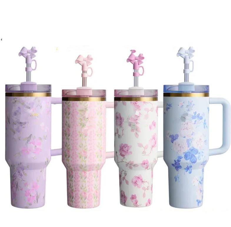 NEW US Stock 40oz TUMBLER Pink Rose Blue Magnolia Mug Holiday Stainless Steel Tumbler with Silicone Handle Lid and Straw Cups Mugs Target water b