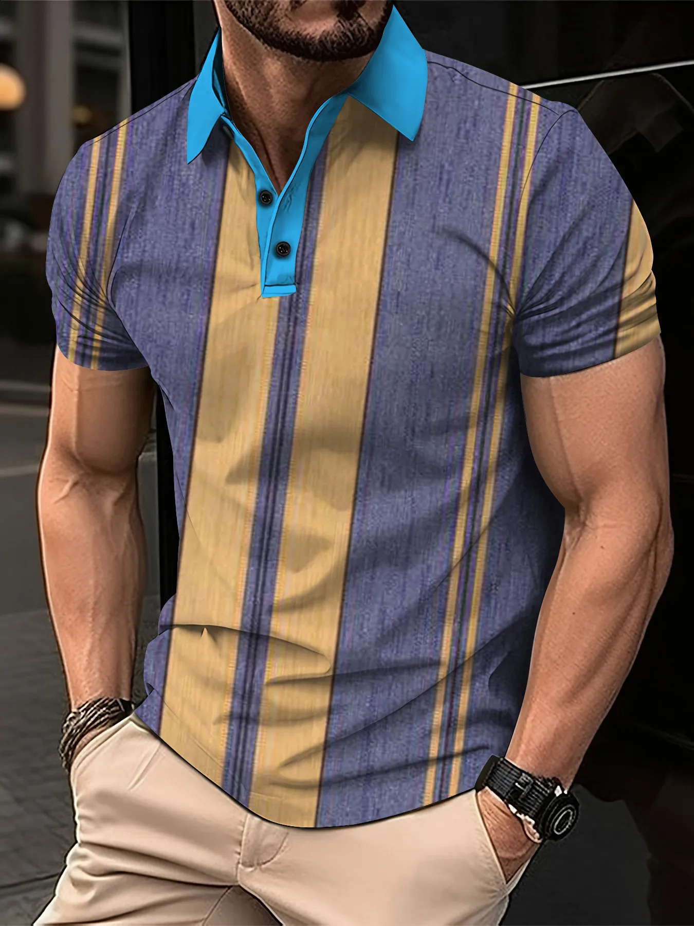 2024 Polo Mens Shirt Summer Daily Short sleeved Striped Golf Plain Clothing Flip Collar Button Tshirt 240815