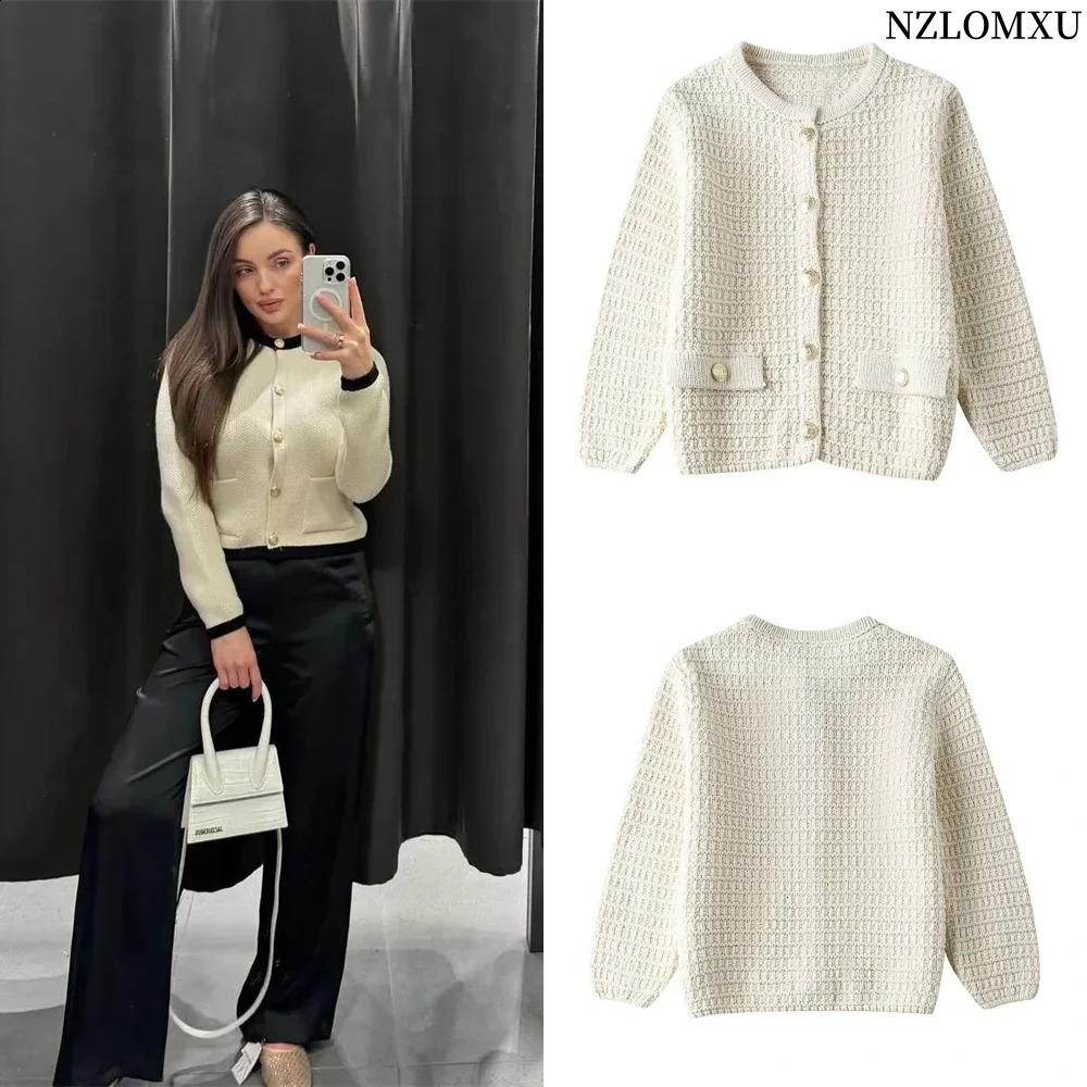Beige knitted cardigan womens spring cut sweater cardigan with sleeves elegant buttons knitted cardigan 240815