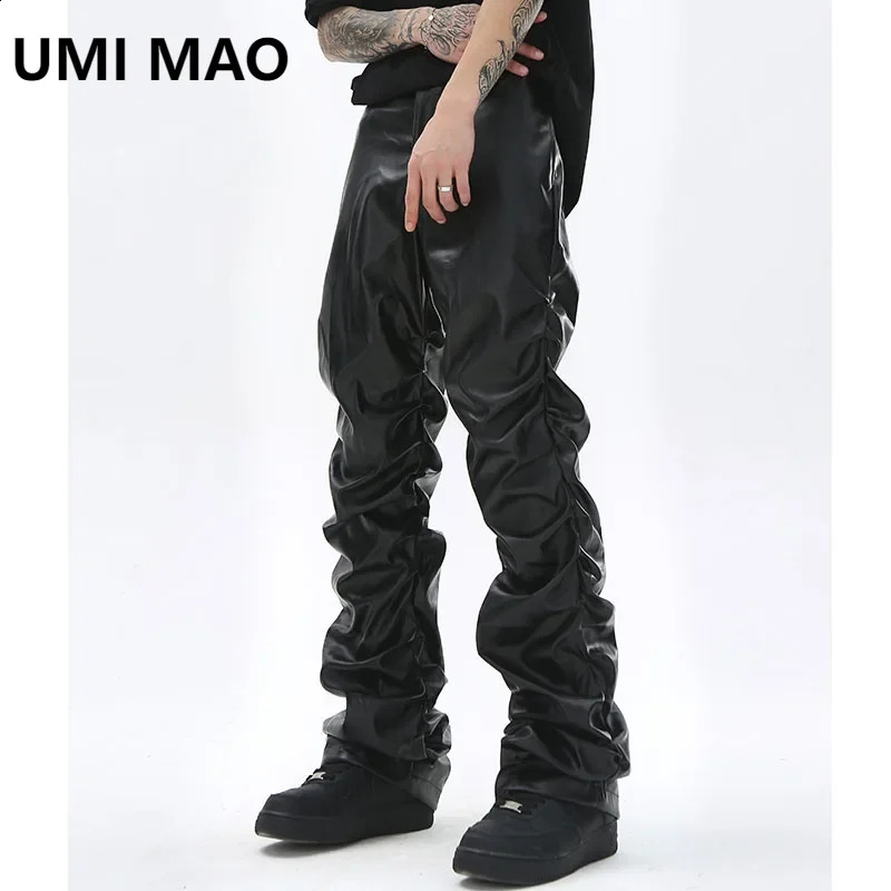 UMI MAO Hip Hop Mens Folded Pu Leather Pants Harajuku Retro Street Clothing Loose Ruffle Casual Mens Straight Black Pants 240816