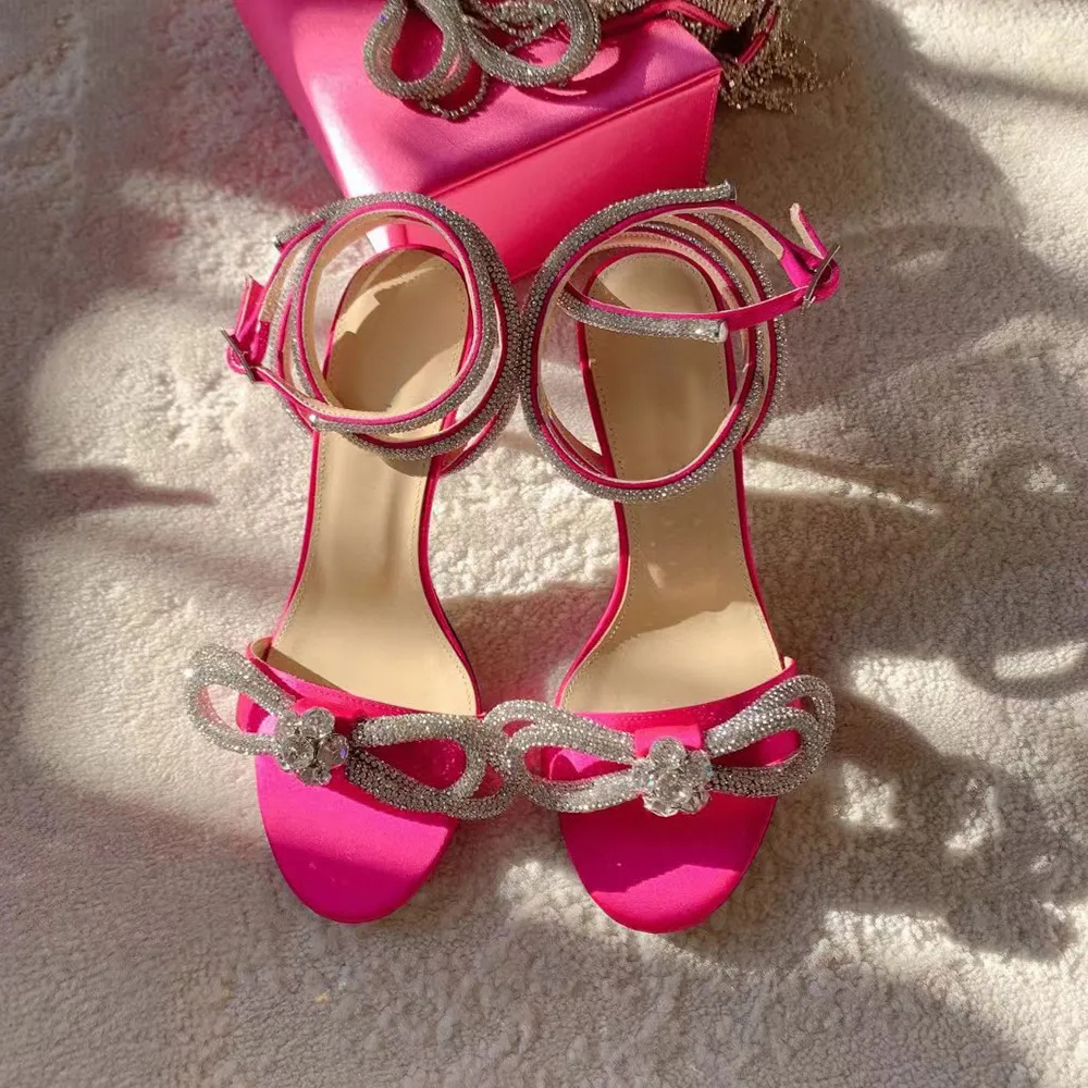 Double Crystal Bow Sandal Women 90mmLuxury Designer shoes Satin Round Toes Ankle Stiletto Heel dress shoes Fashion party Wedding Evening high-hee-image-951036283