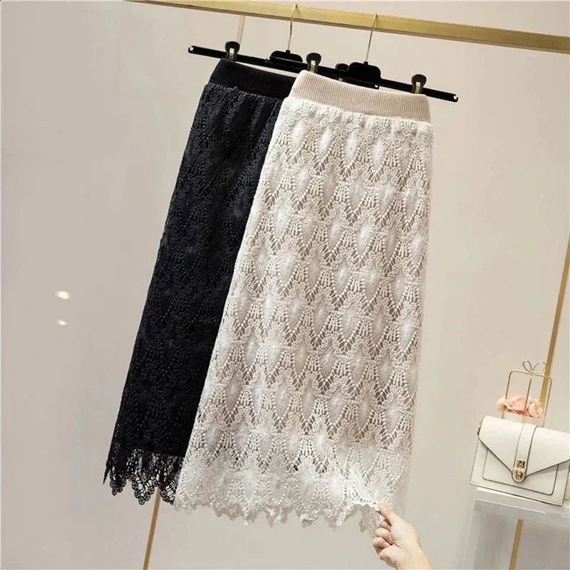 Casual Fashion Retro Knitted Midi Skiing Womens Elegant High Waist Lace Sweater Bag Skiing Winter Office Womens Black S 240815