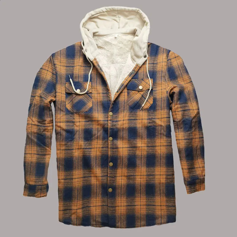 Winter mens flannel hooded plain shirt jacket casual chemical mens buttons warm thick wool lining mens jacket 240815