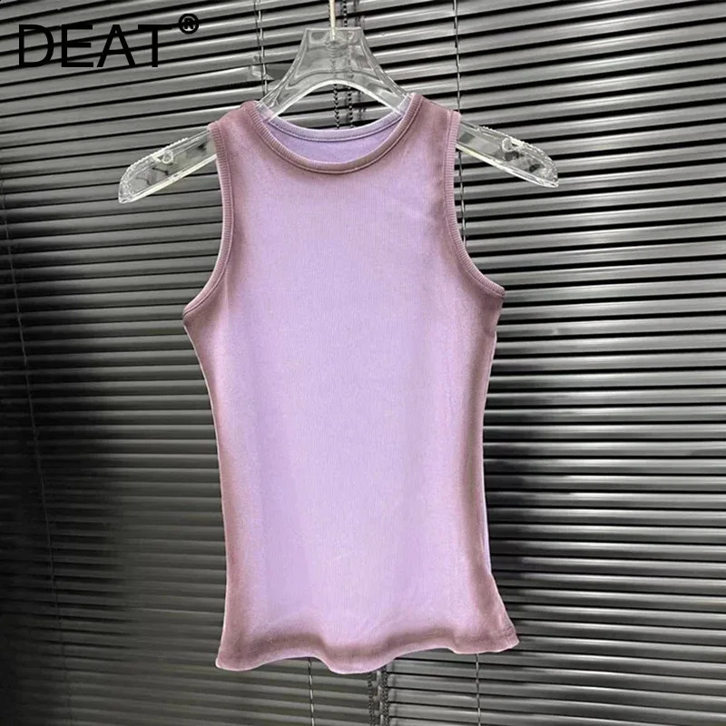 DEAT 2024 Summer Tie Dye Gradient Sleeveless Womens Tank Top Versatile O-neck Elastic Tank Top Womens 11A0210 240816