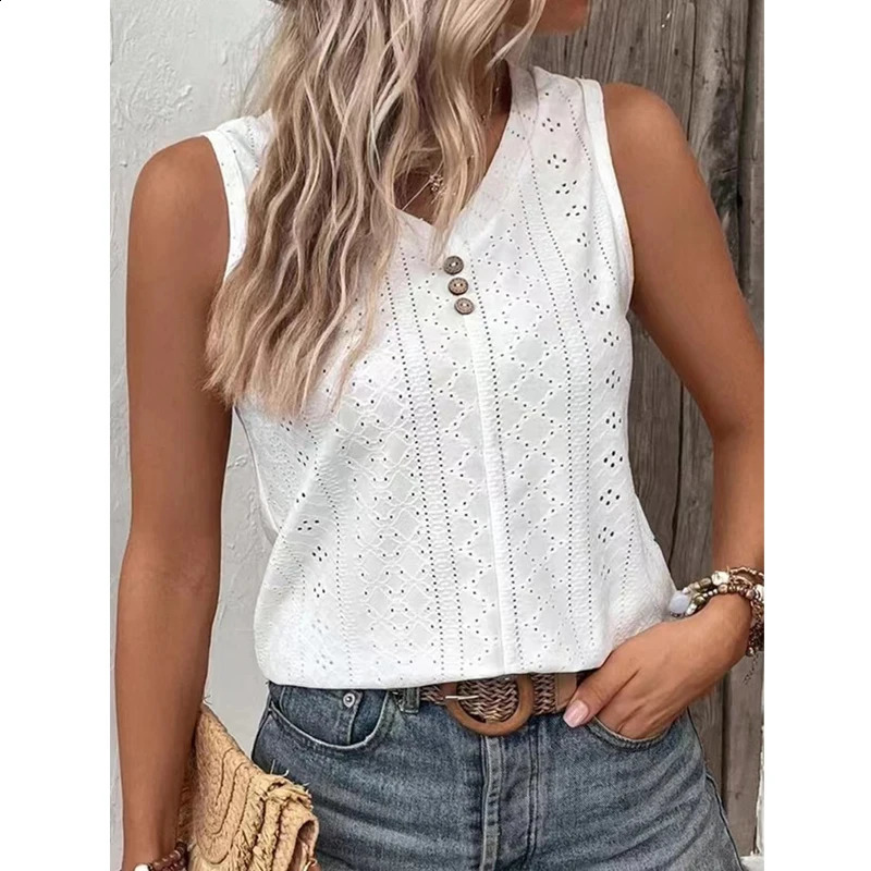 Blusas para mujer women tshirt sans manches lisses creux y2k vneck usure lâche boutonnée longue robe 2024 240816