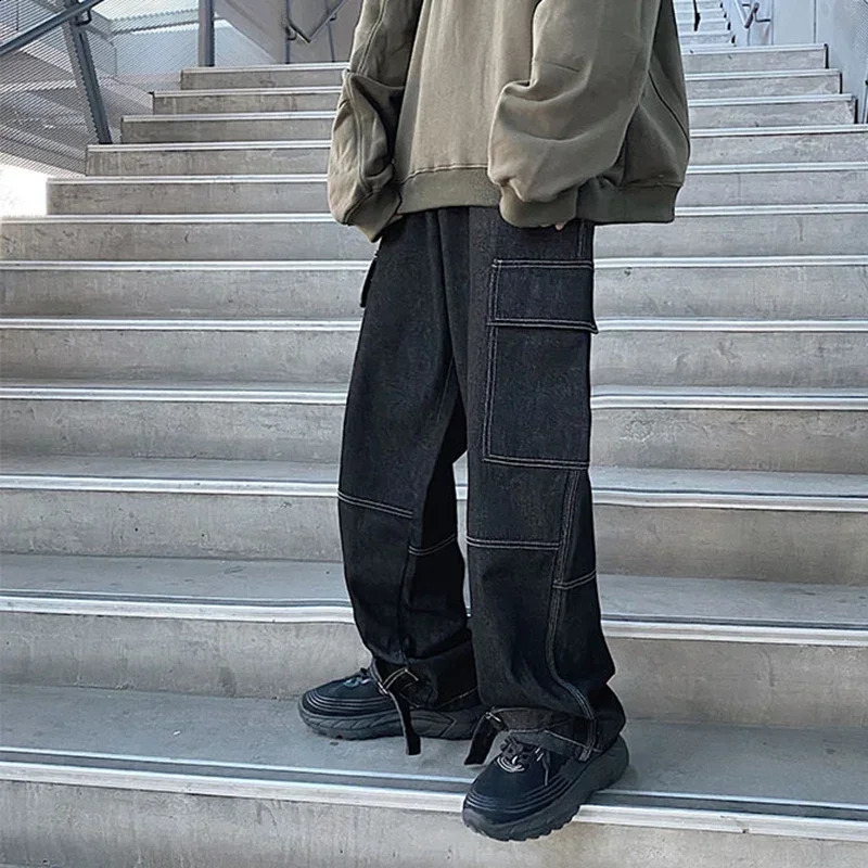 loose straight pocket jeans mens wide leg jeans mens fashionable hip-hop streetwear mens jeans casual skateboarding pants 240815