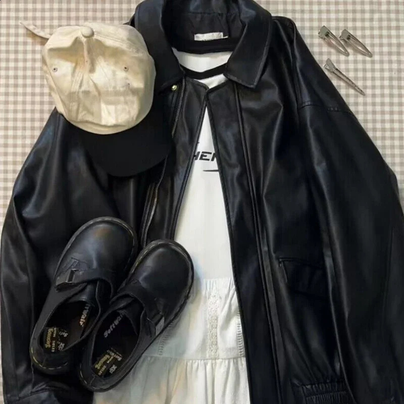 American Retro Black Leather Coat Women Spring Autumn High Fashion Lapel Motorcycle Women Tops Leather Jacket Coat 240815
