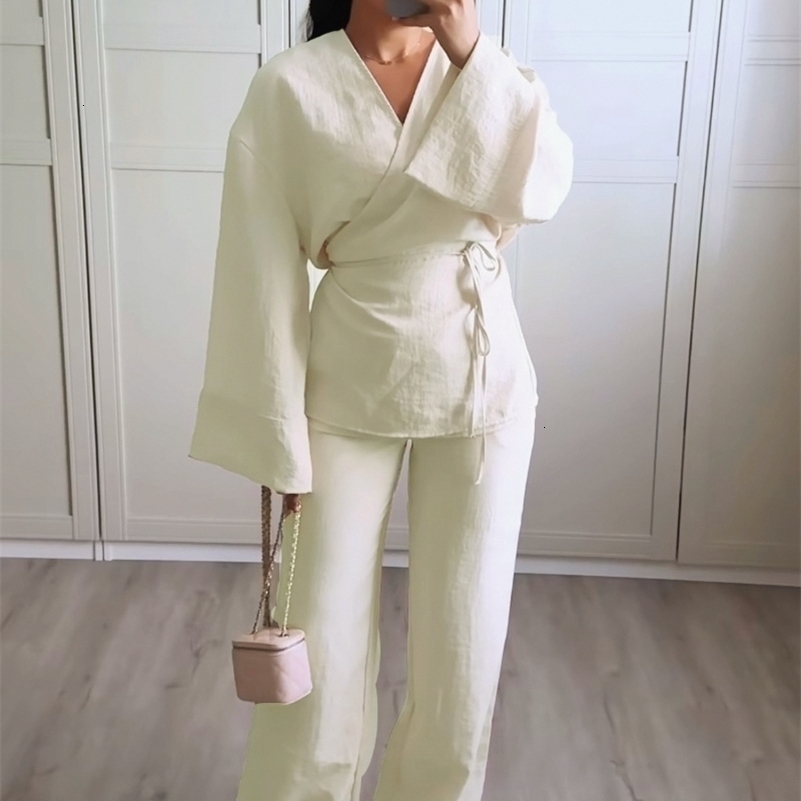 Casual Lace Up Shirts Set For Women 2 Pieces Loose Long Sleeve Tops Drawstring Pant Sets 2024 Spring Summer Soft Lady Outfits yy240815