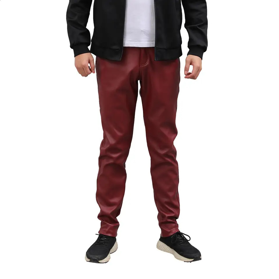 Idopy mens slim fit synthetic leather pants punk PU velvet lining stage performance nightclub party mens Trouser 240816