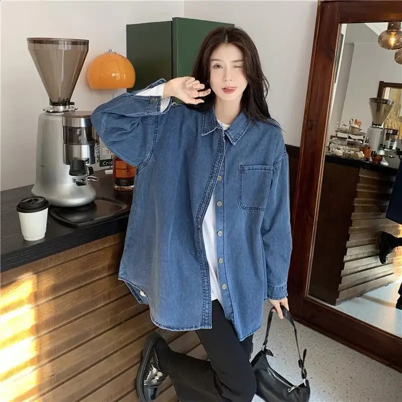 Shirt Style Denim Coat Womens Fashion Turndown Collar Single Breasted Top For Daily Pairing Layered Blue Loose Jacket 240815