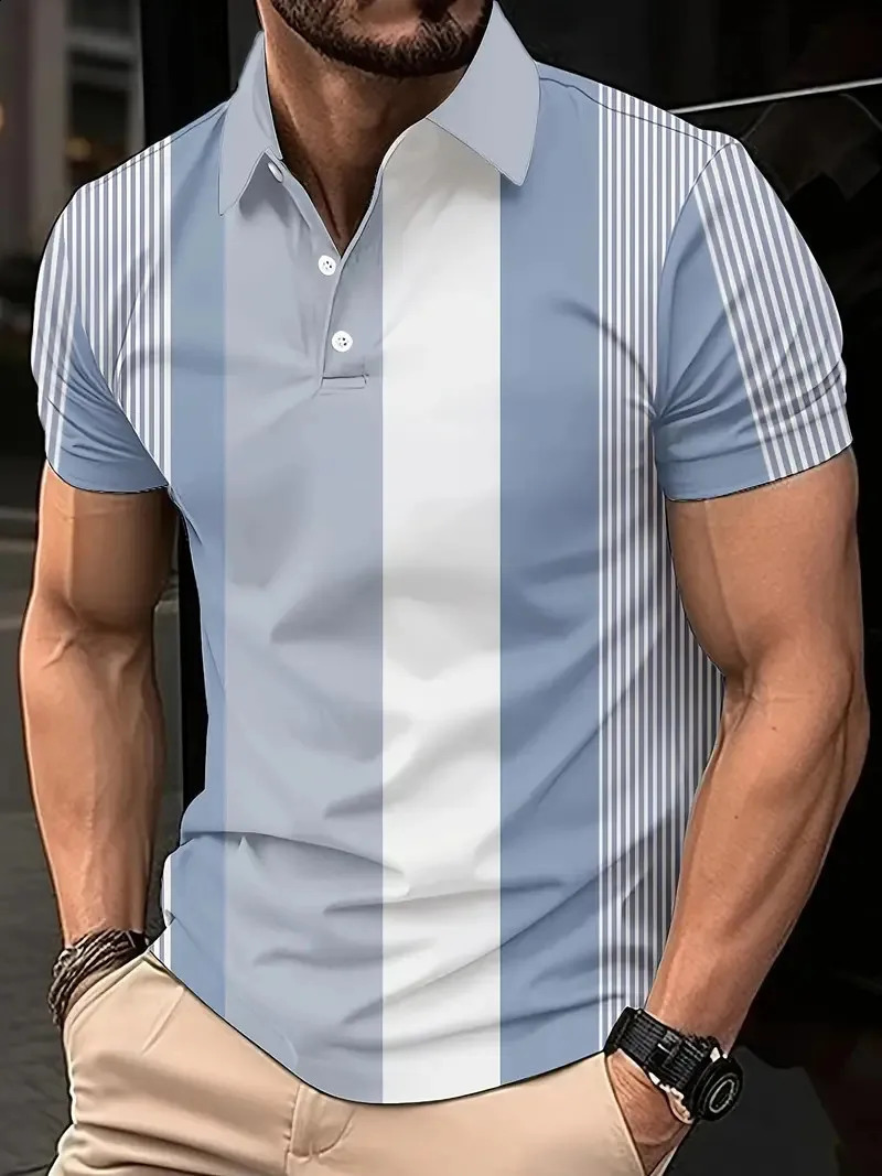 Hommes décontractés Fashion Summer Simple Short à manches courtes 3D Polo de golf imprimé avec boutons à rayures à manches courtes surdimensionné