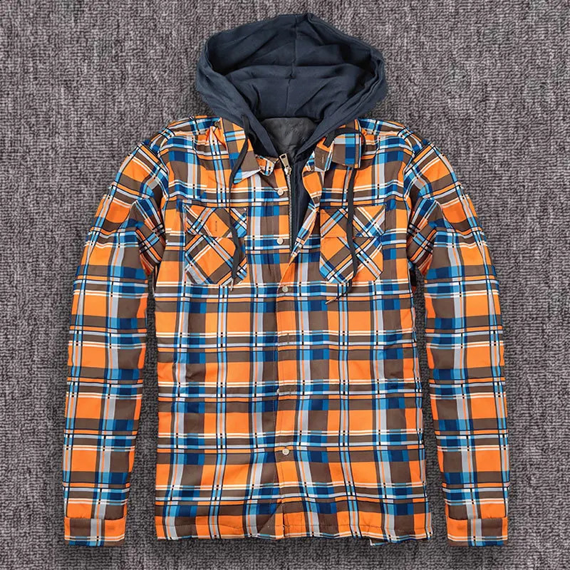 Mens autumn flannel jacket fashionable long sleeved plain weave shirt jacket bedding lining hoodie with buttons winter coat for men 240815