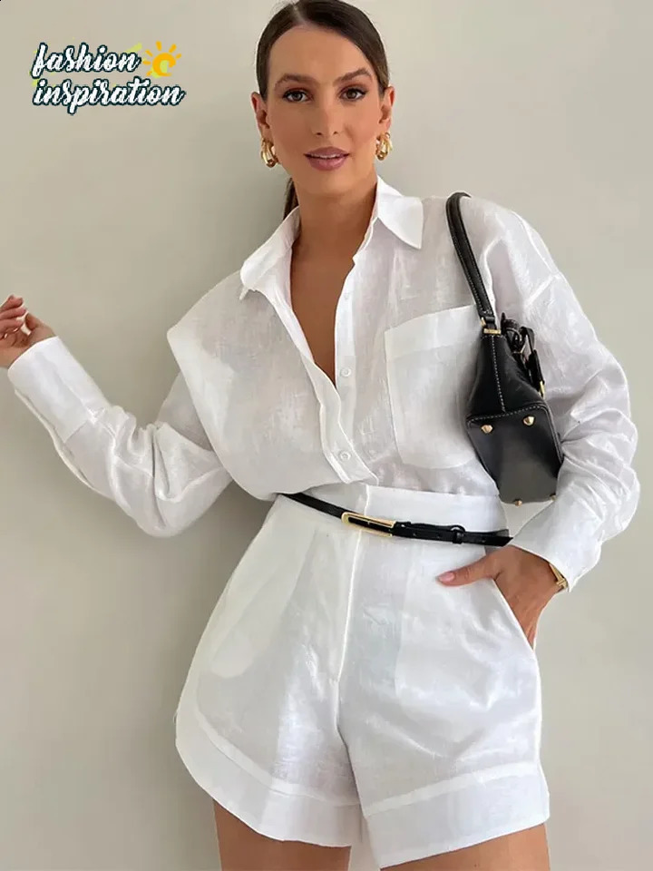 Woman 2 Pieces Sets Fashion Casual Long Sleeve Button Blouse Short Commute Outfits 2024 Spring Summer Chic Beach Lady Suit 240816