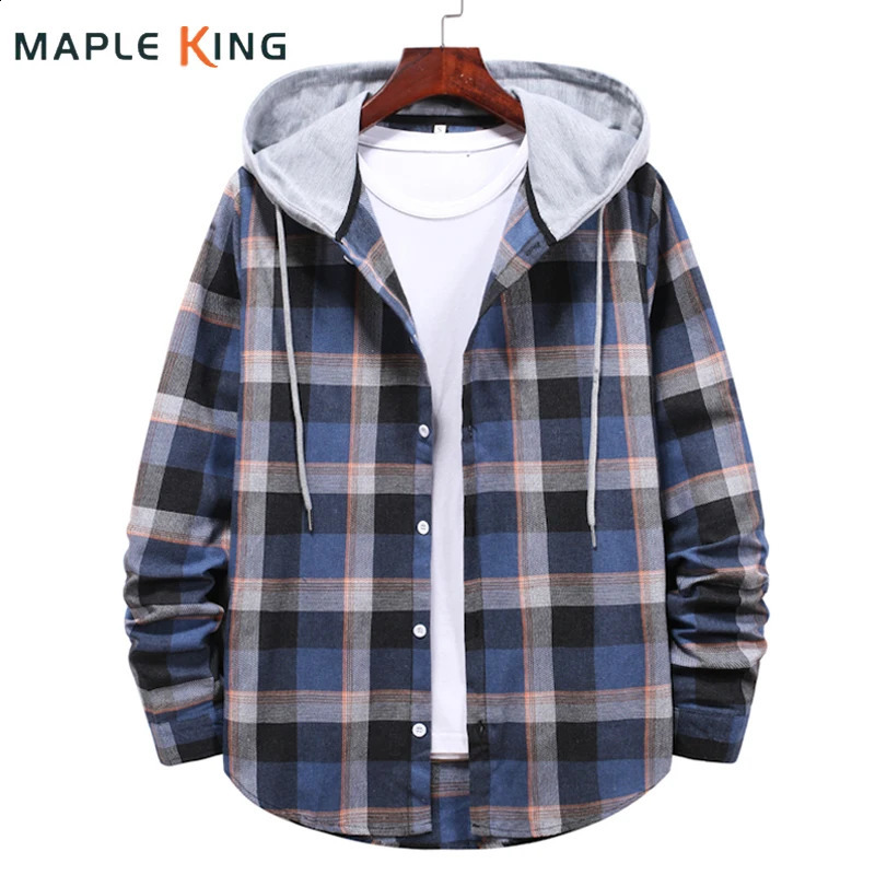 Mens plain weave hooded plaid flannel shirt casual loose long sleeved shirt top mens chemical mens shirt jacket clothing 240815