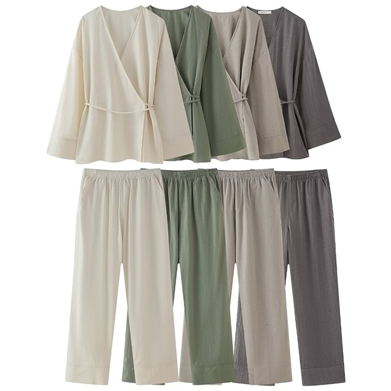 Womens Set 2024 Fashion Female Trousers Spring Summer Double Placket Kimono Style Top for Women Casual Chic Suit y240815