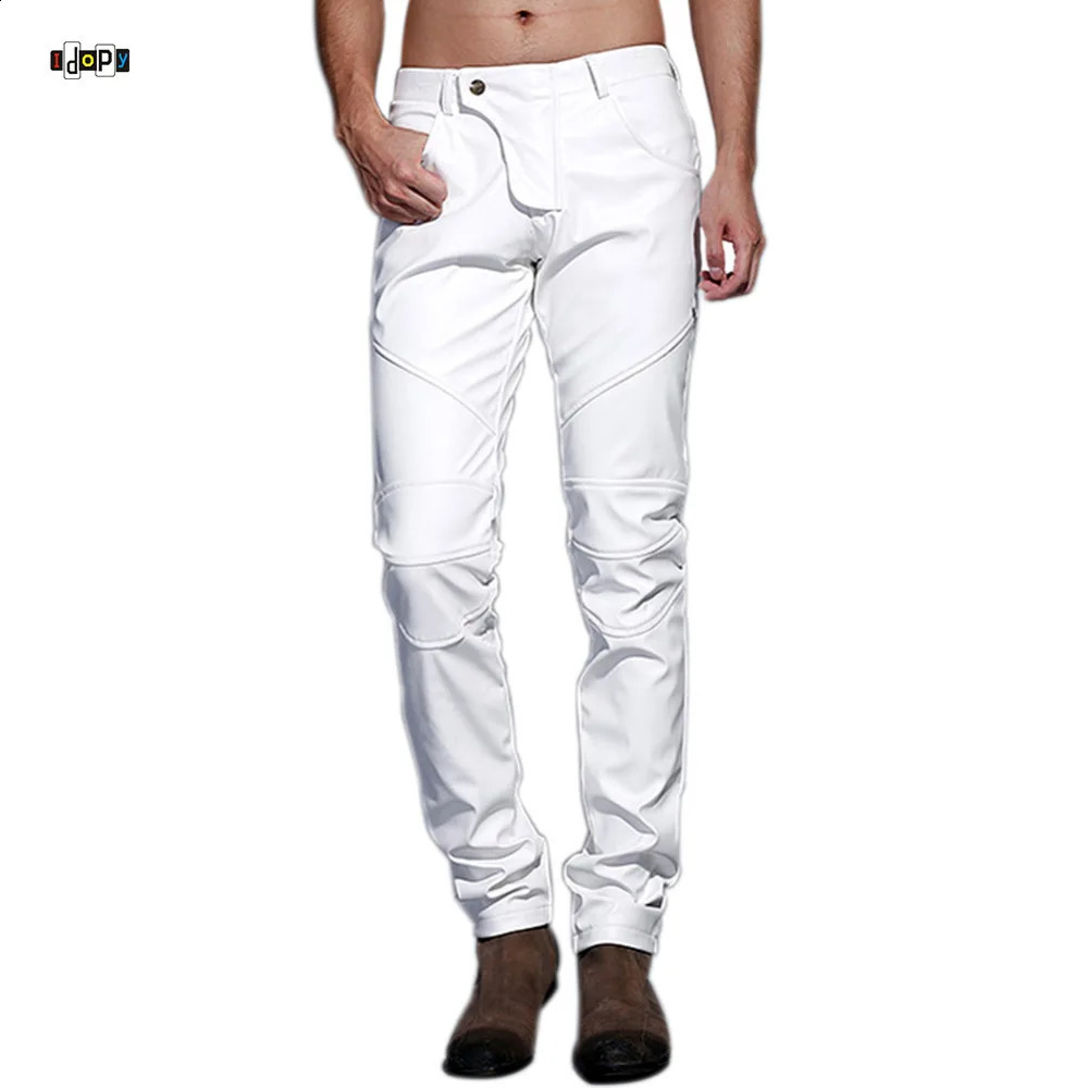 Idopy Mens Motorcycle Pantalon en cuir artificiel Multi couleur rouge bleu blanc Style Style Dance Performance Pantalon 240816