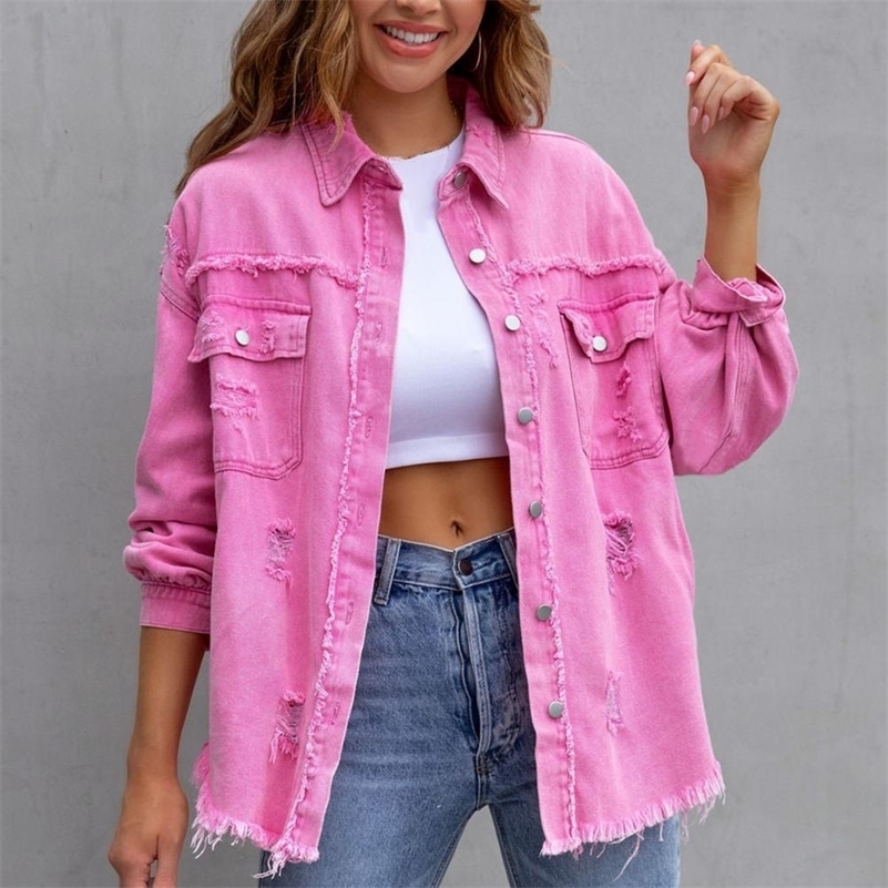 Hip Hop Rough Edges Denim Jacket Ripped Pocket Lapel Long Sleeve Singlebreasted Vintage Jeans Coat Women Spring y240815