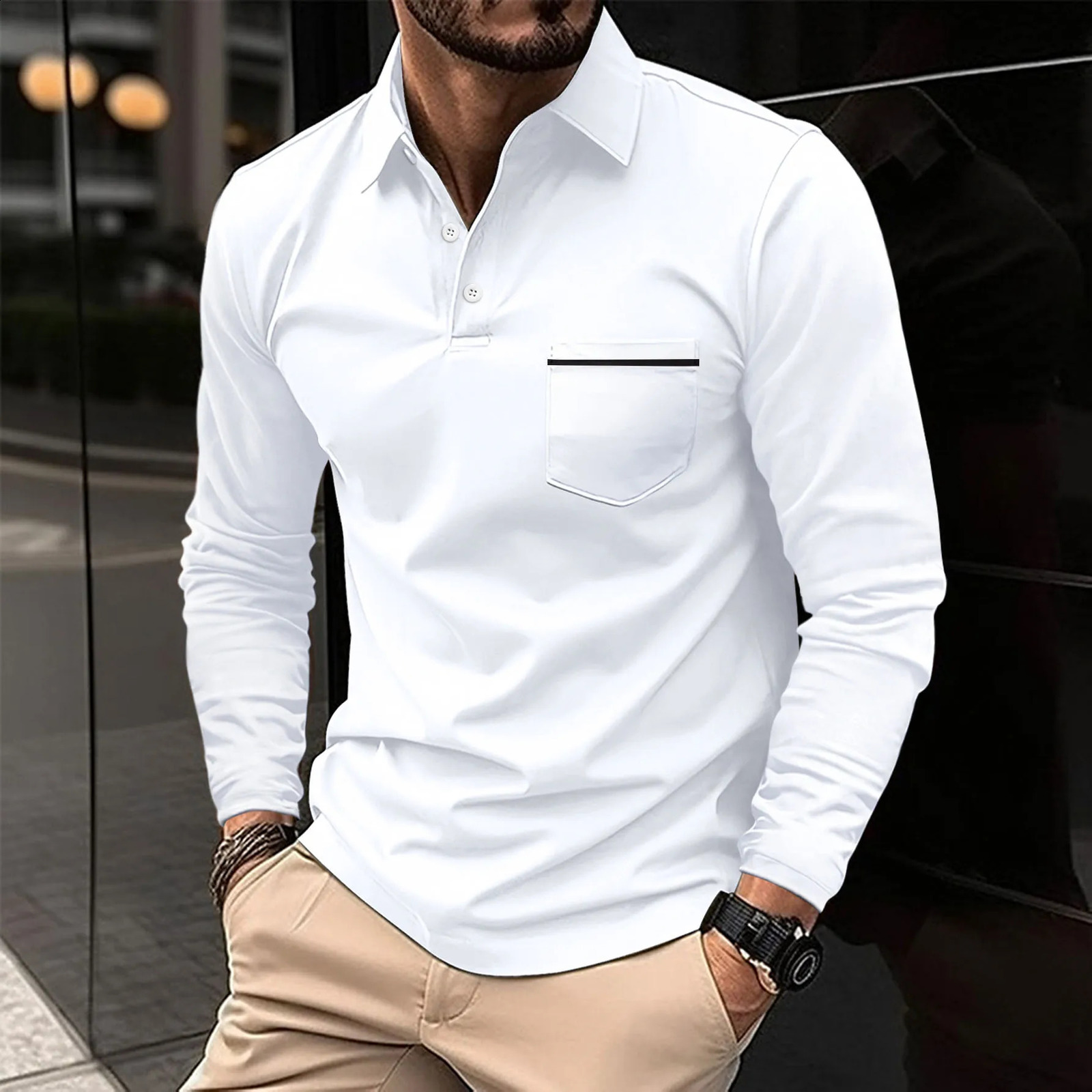Mens spring long sleeved pocket T-shirt casual business button T-shirt fashionable polo shirt 241015