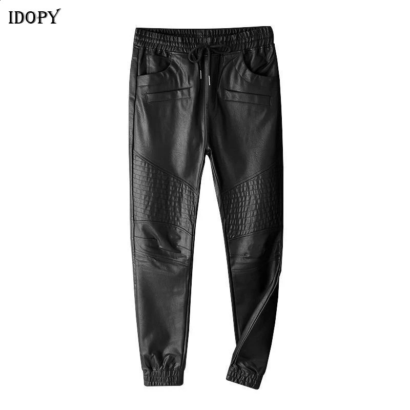 Idopy Mens Artificial Leather Jogger Bicycle Harem Pants Motorcycle Ankle Zipper Elastic Waist Brushed PU Mens Tricycle 240816
