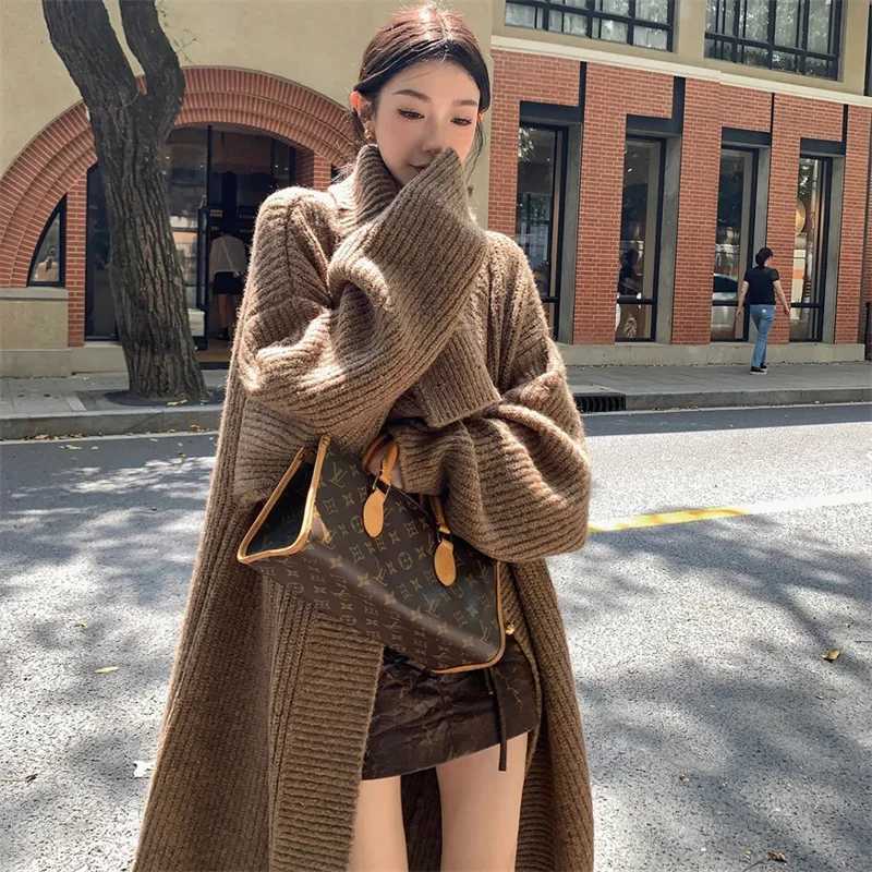 Women's Sweaters Soft Waxy Lapel Sweater Womens Autumn and Winter New Loose Lazy Wind Long Thick Knitted Coat Lady Top y240816