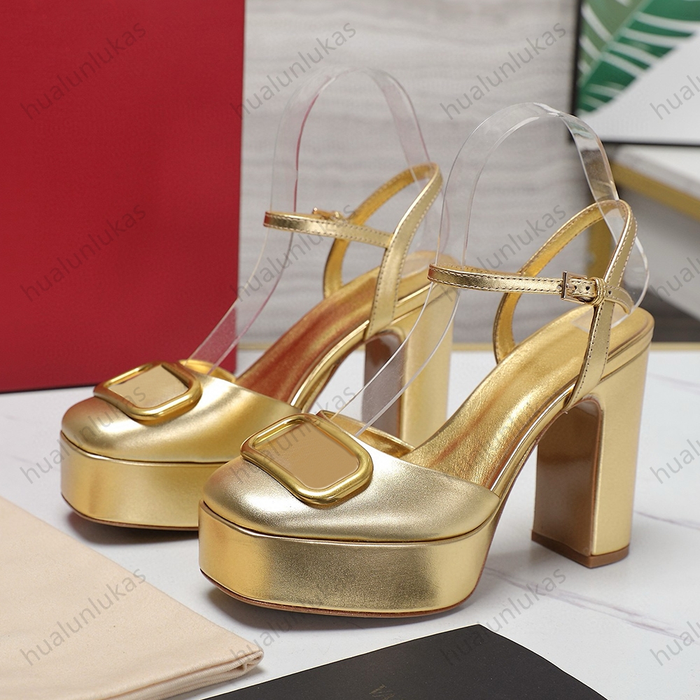 Plateau Metallic Platform Dress shoes sandals chunky block high heels Ankle plaque strap heeled Pumps women luxury designer shoes women factory f-image-991823448