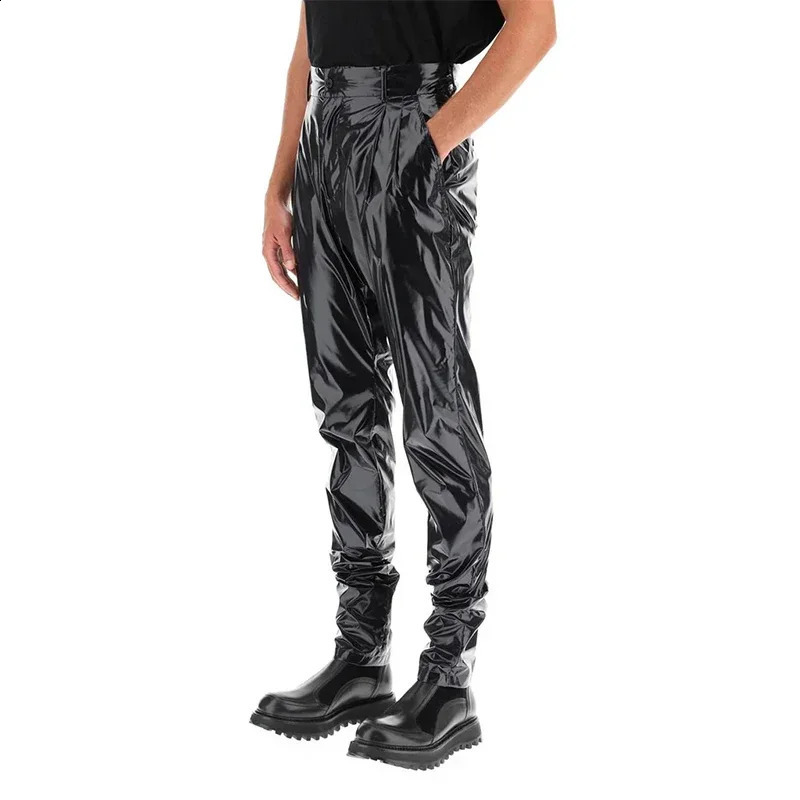 Mens Punk Artificial Latex Pants Shiny Patent Leather Wrinkle Harlan Pants Mens High Waist Elastic PU Trouser Street Customization 240816