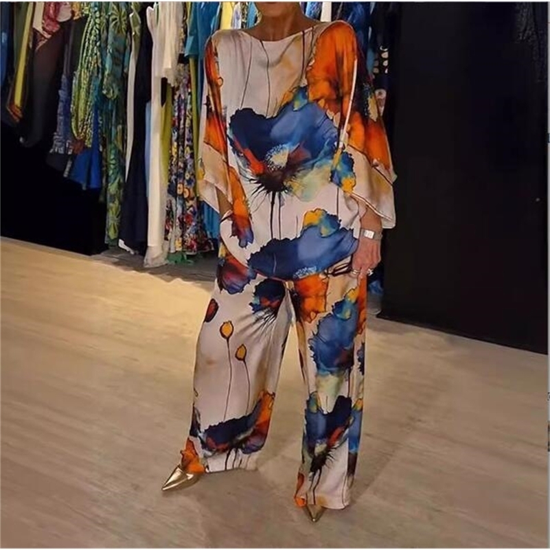 Womens Print 2 Piece Set 2024 Elegant Loose Suit ONeck Batsleeve Top Drawstring Pants Casual Fashion Satin Spring Summer y240815