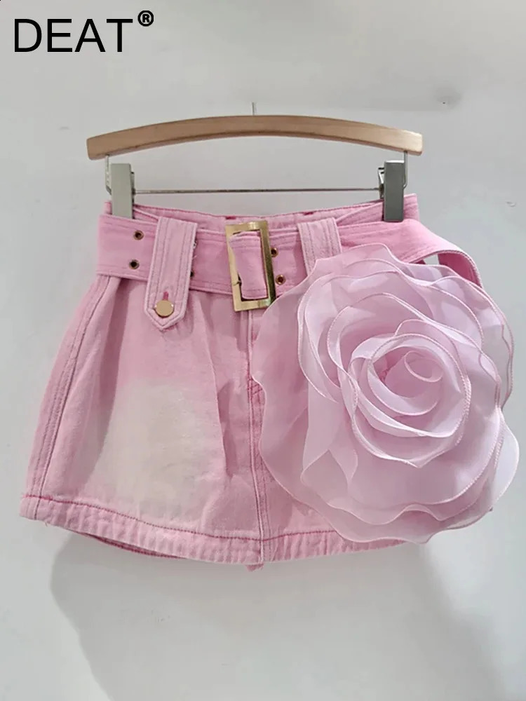 DEAT Womens Denim Skirt Pink 3d Mesh Flower A-line High Waist Wide Belt Wrap Hip Mini Skirt 2024 Spring Fashion 29L7158 240816