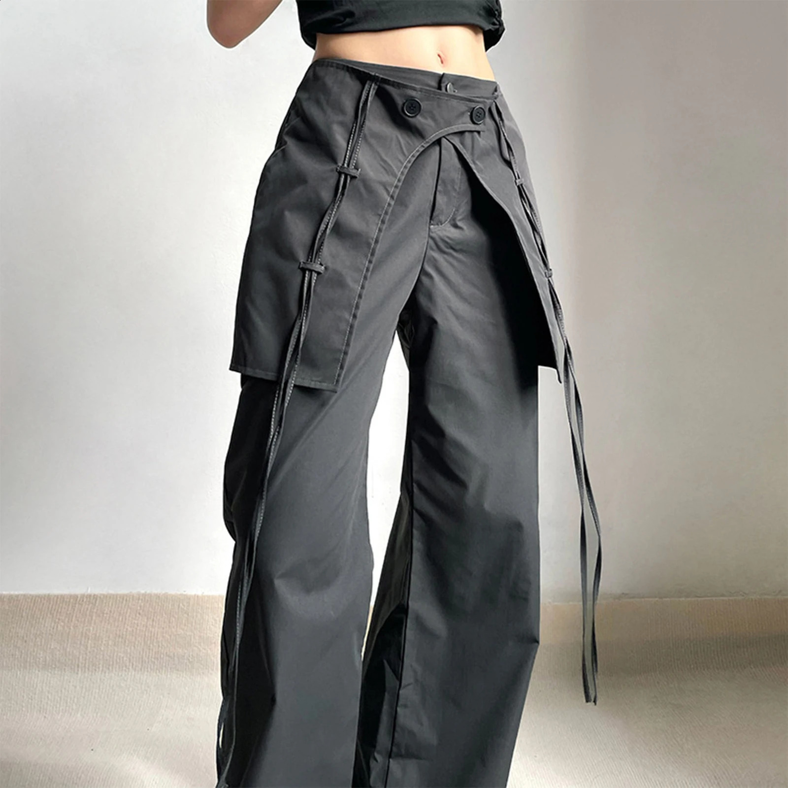 Y2k long pantalon mid taise femme panto de cargaison pantalon confortable noir couleur solide vintage vintage ajusté à trading avec de grandes po