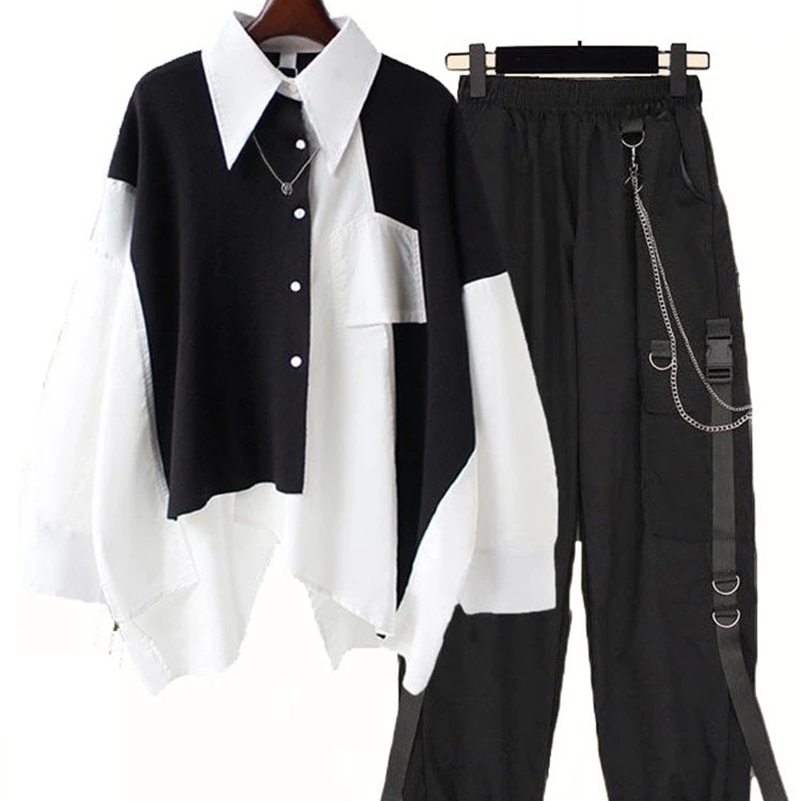 2pcs Streetwear Tenues de chemise à manches longues en vrac pantalon de cargaison de chaîne de ruban 2 pièces coréen décontractée unisexe couple