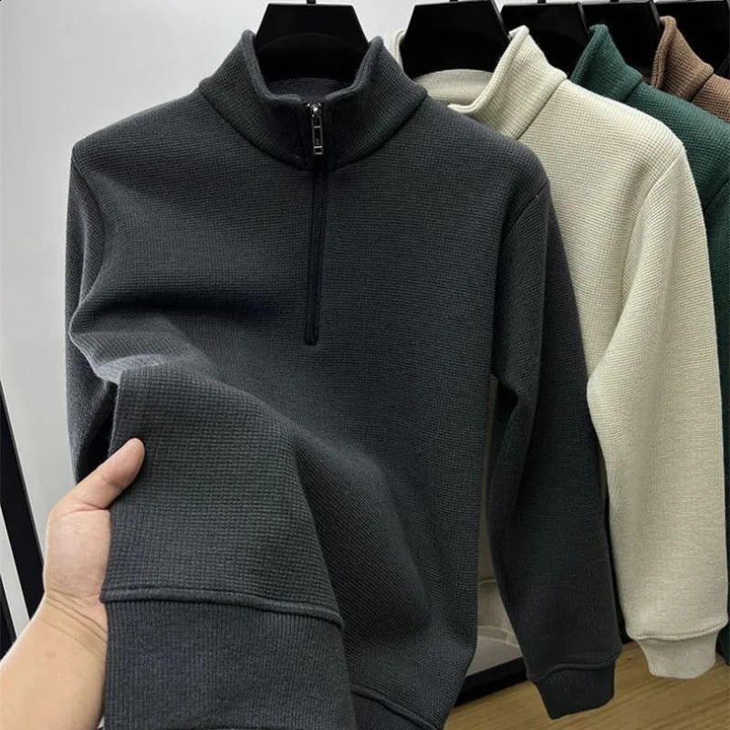 Men Clothing Mens Sweatshirt Stand Neck Half Zip Thicker Waffle Cotton High-quality Hoodie Autumn Winter Basic Tops Pullover 240815