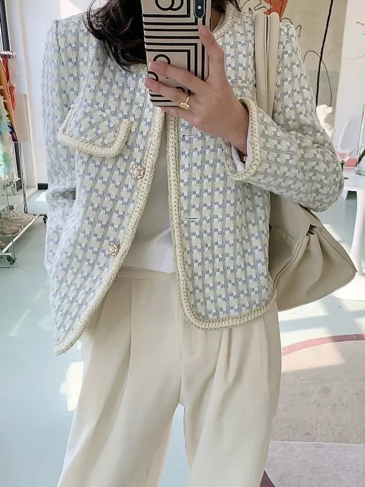 High Quality French Vintage Small Fragrance Tweed Jacket Coat Womens Spring Autumn Casual Fried Street Short Coat Plaid Outwear 240813