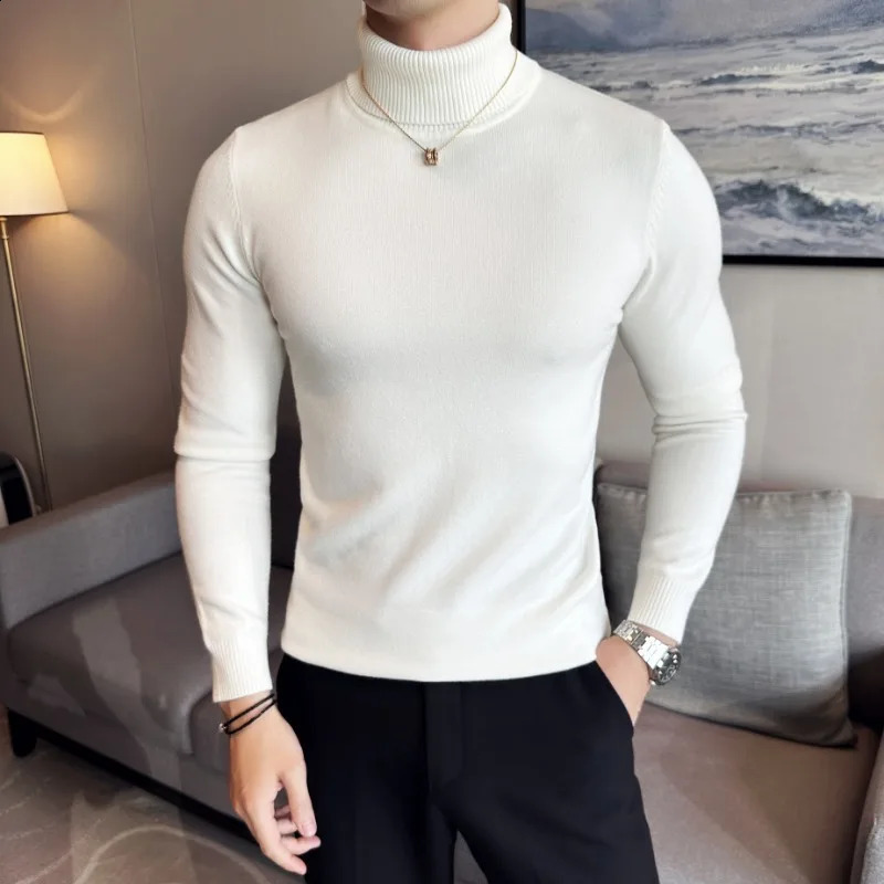 Mens Autumn and Winter High Neck Knit Sweater Slim Fit Long Sleeve Pullover Solid Color Tops Clothing 240816