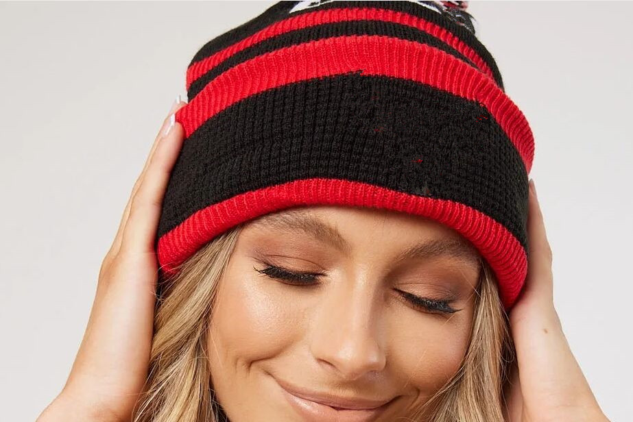 Fan Beanies - Knitted Slide Line Hat with Pom Poms Knit Beanies Hats for fans Premium Knitted Beanie Hat Featuring Team Logos - Perfect for Sports E