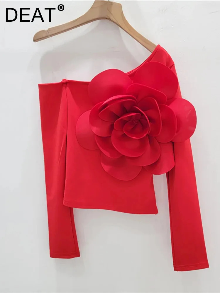 DEAT Womens T-shirt Patchwork Flower Solid Color Off Shoulder Skew Collar Female Slim Tees 2024 Summer Fashion 29L7225 240816